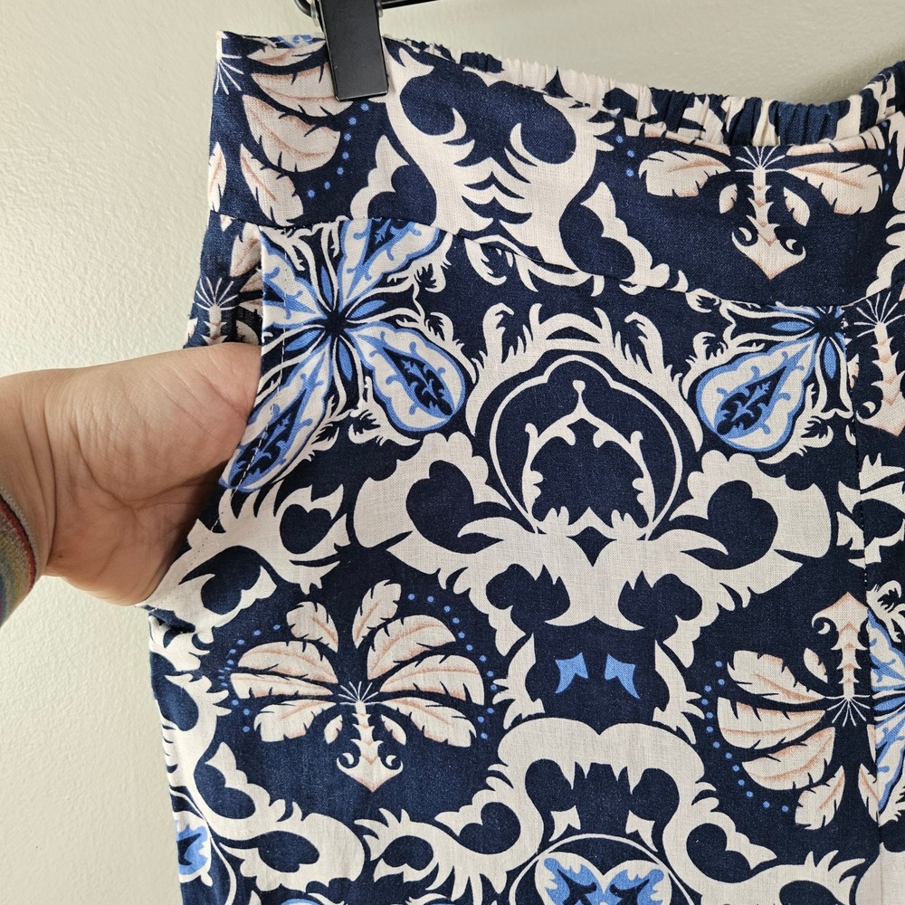 Rachel‎ Zoe Linen Blend Ikat Boho Wide Leg Crop Pants Sz L Blue Ivory Flowy - Picture 3 of 10